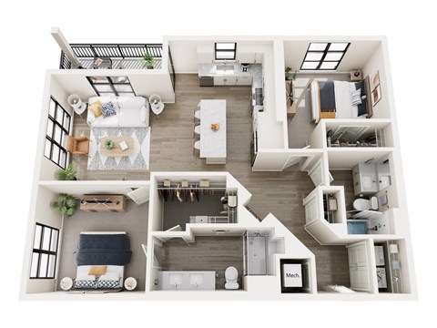 A top down view of a modern apartment with a kitchen, living room, and bathroom.
